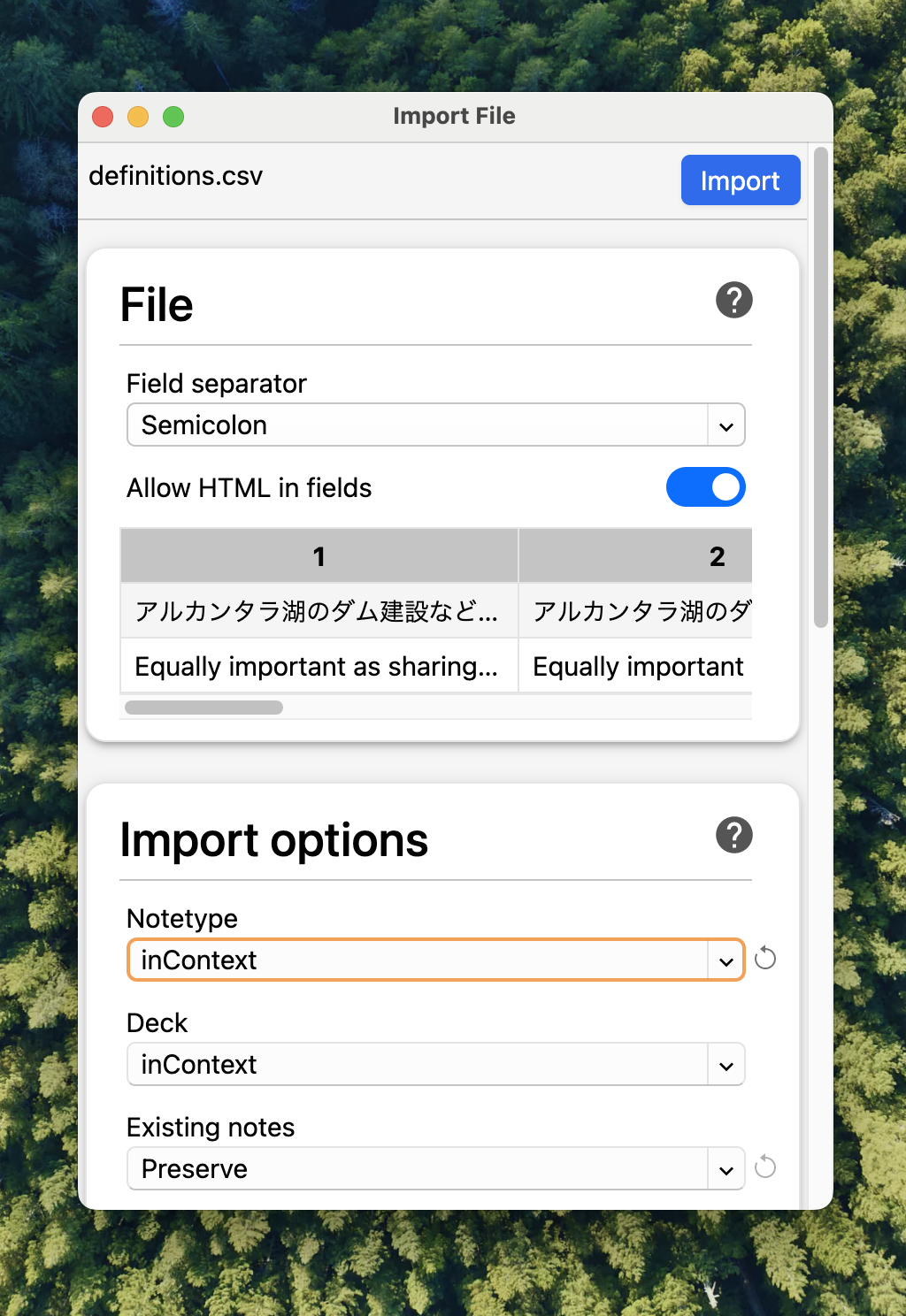 Anki import settings